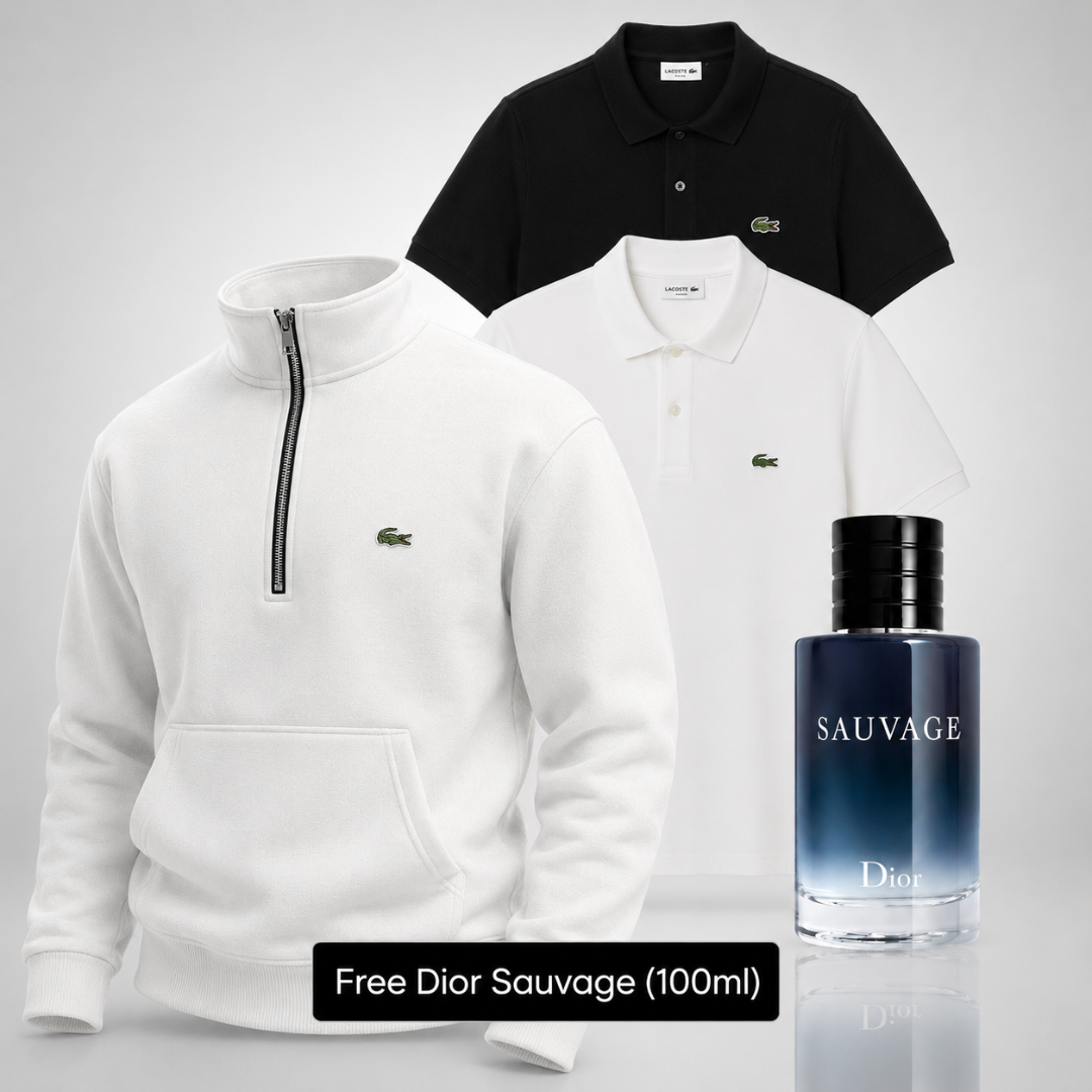 Lacoste Set – 1 Sweater & 2 Polo Shirts – Get a Free Sauvage Dior (100 ml)