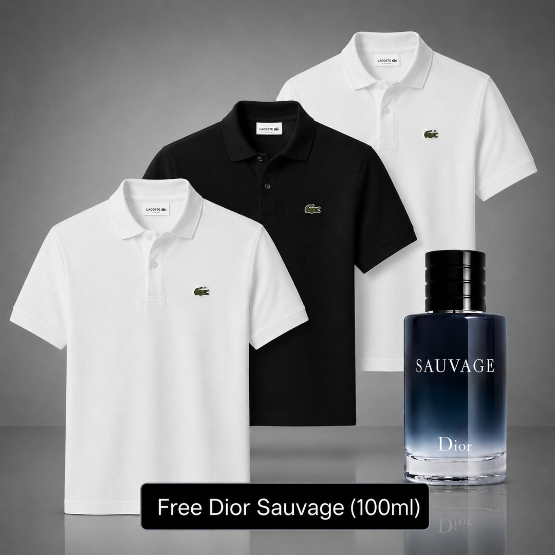Set of 3 Lacoste Polo Shirts – Get a Free Sauvage Dior (100 ml)