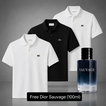 Set of 3 Lacoste Polo Shirts – Get a Free Sauvage Dior (100 ml)