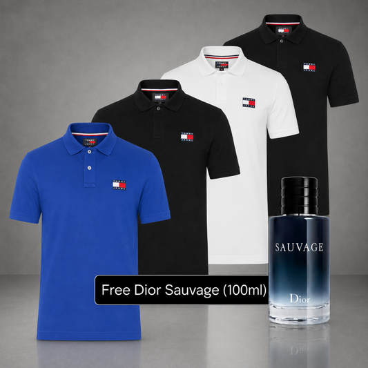 Set of 4 Tommy Hilfiger Polo Shirts – Get a Free Sauvage Dior (100 ml)