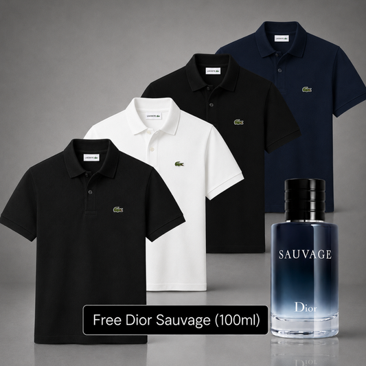 Set of 4 Lacoste Polo Shirts – Get a Free Sauvage Dior (100 ml)