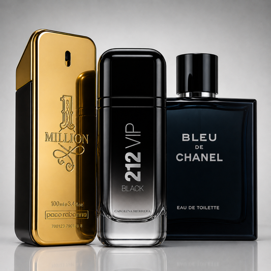 Combo of 3 men’s perfumes – 1 Million, Bleu de Chanel, and 212 VIP Black