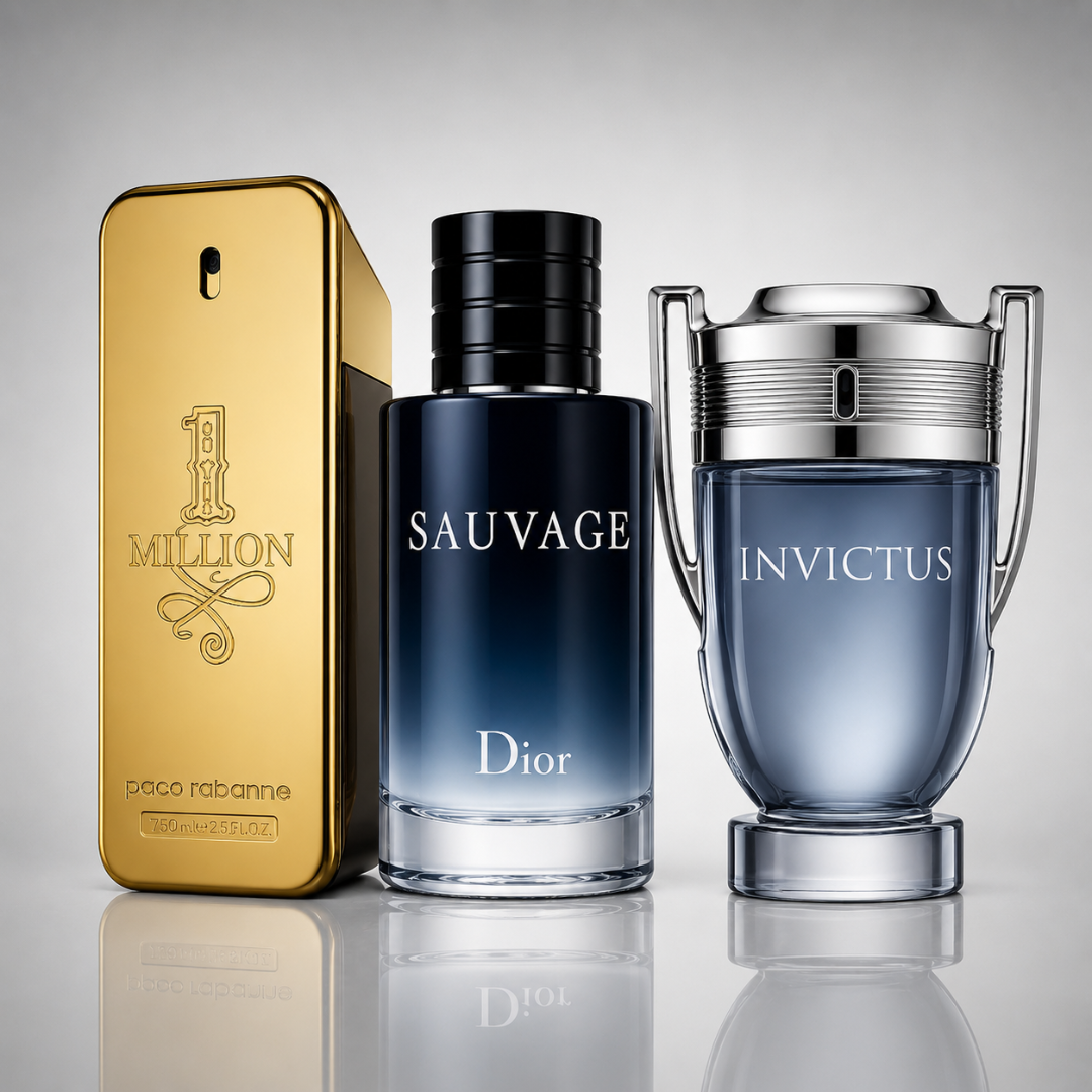 Combo of 3 men’s perfumes – 1 Million by Paco Rabanne, Sauvage by Dior, and Invictus by Paco Rabanne