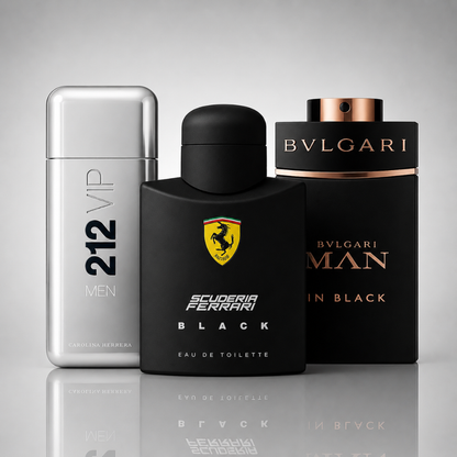 Combo of 3 men’s perfumes – 212 VIP Men, Ferrari Black, and Bvlgari In Black
