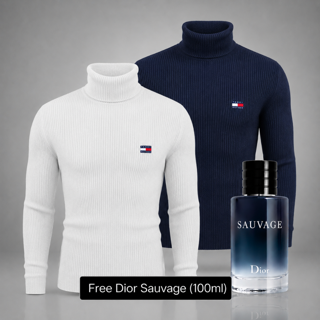 Tommy Hilfiger – Set of 2 High-Quality Knit Turtleneck Sweaters – Get a Free Sauvage Dior (100 ml)