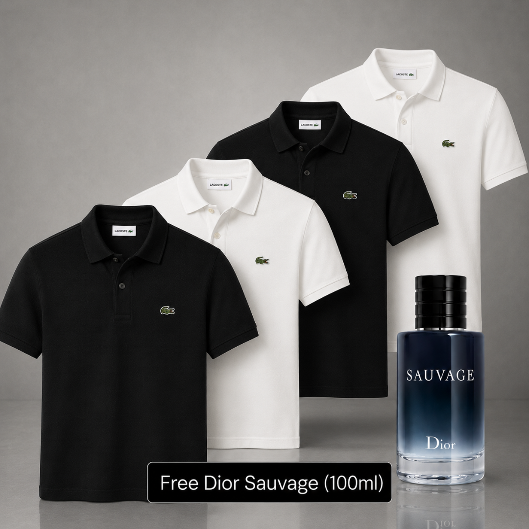 Set of 4 Lacoste Polo Shirts – Get a Free Sauvage Dior (100 ml)