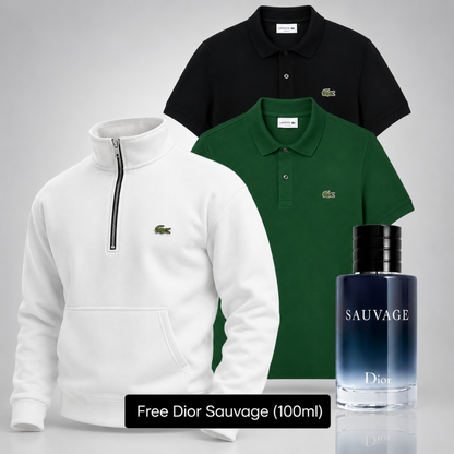 Lacoste Set – 1 Sweater & 2 Polo Shirts – Get a Free Sauvage Dior (100 ml)