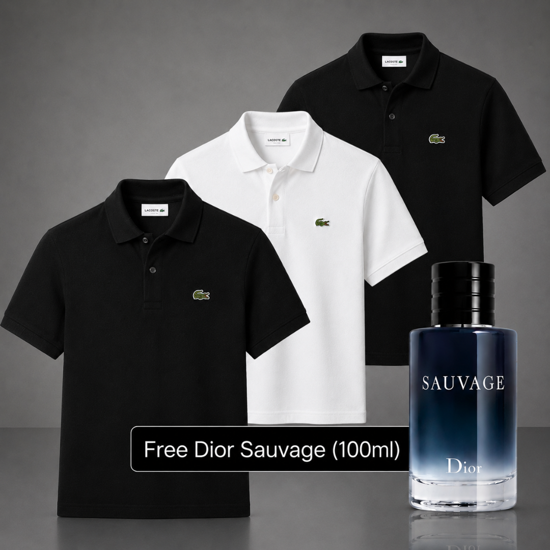 Set of 3 Lacoste Polo Shirts – Get a Free Sauvage Dior (100 ml)