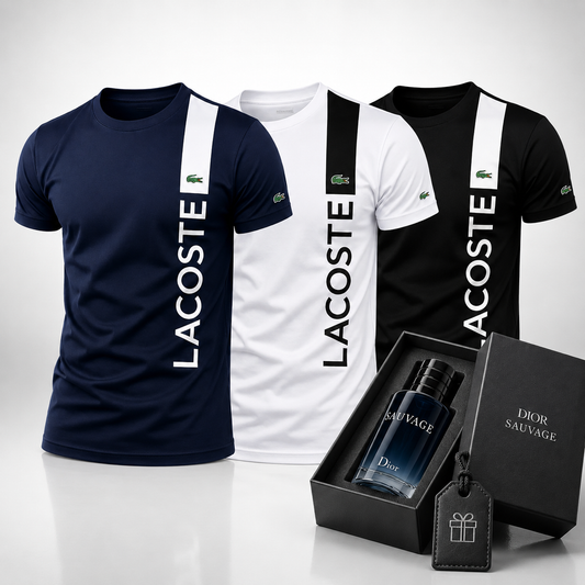 Set of 3 Men’s Lacoste T-Shirts – Includes a Free Dior Sauvage (100 ml)
