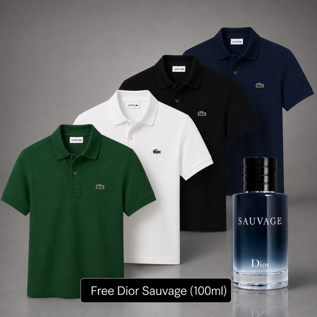 Set of 4 Lacoste Polo Shirts – Get a Free Sauvage Dior (100 ml)