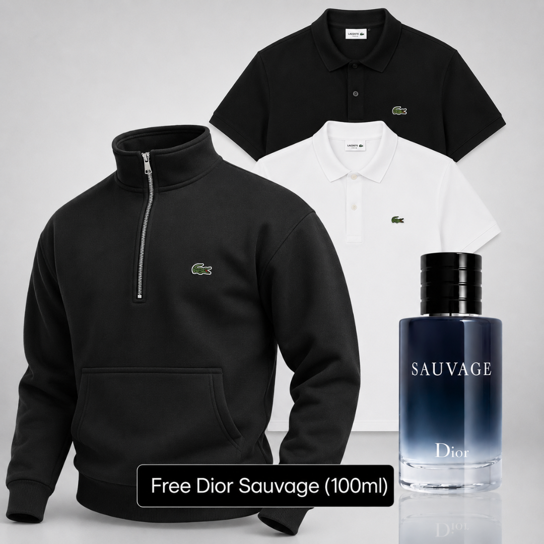 Lacoste Set – 1 Sweater & 2 Polo Shirts – Get a Free Sauvage Dior (100 ml)