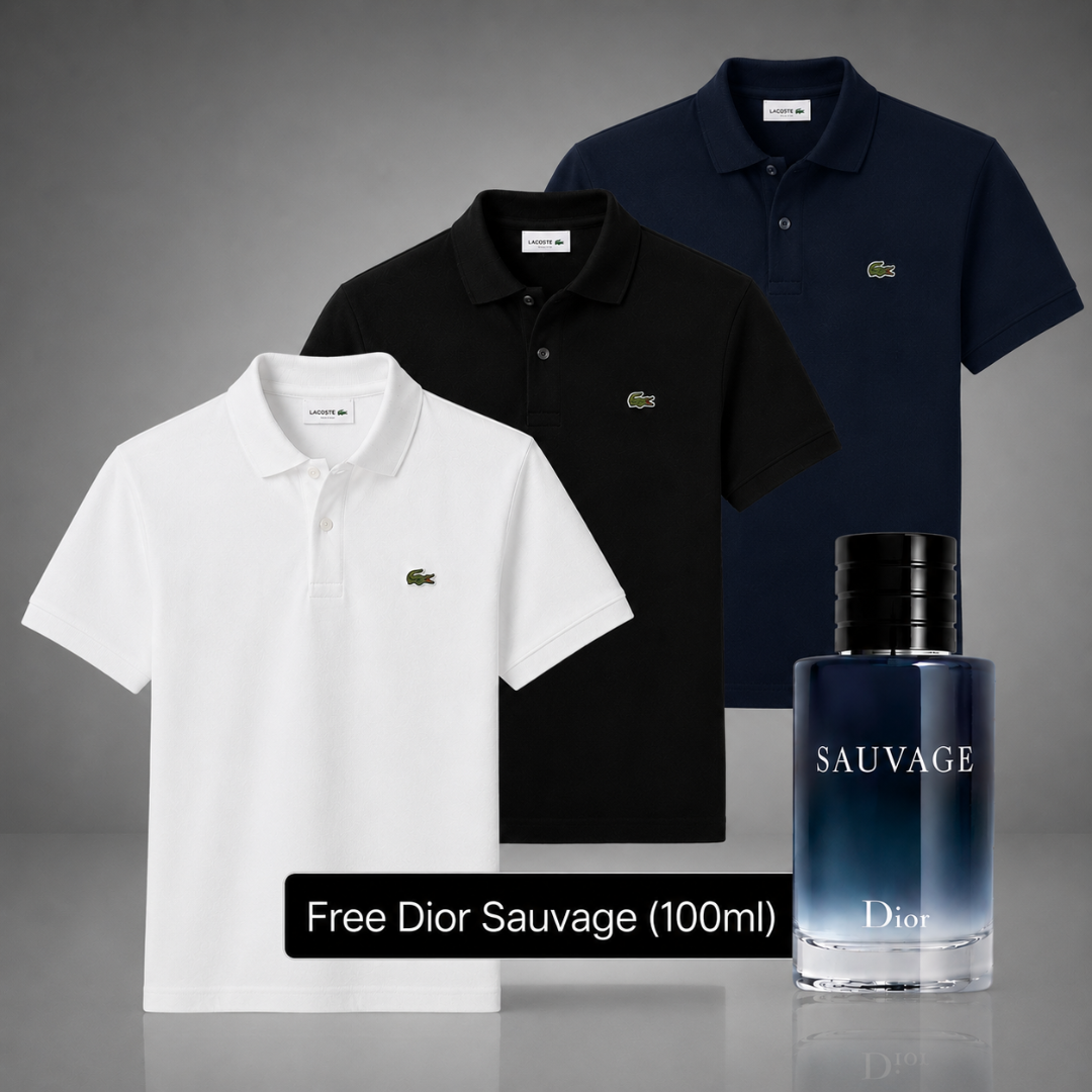 Set of 3 Lacoste Polo Shirts – Get a Free Sauvage Dior (100 ml)