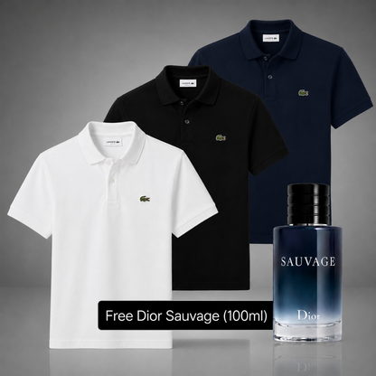 Set of 3 Lacoste Polo Shirts – Get a Free Sauvage Dior (100 ml)