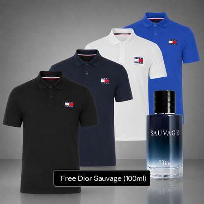 Set of 4 Tommy Hilfiger Polo Shirts – Get a Free Sauvage Dior (100 ml)