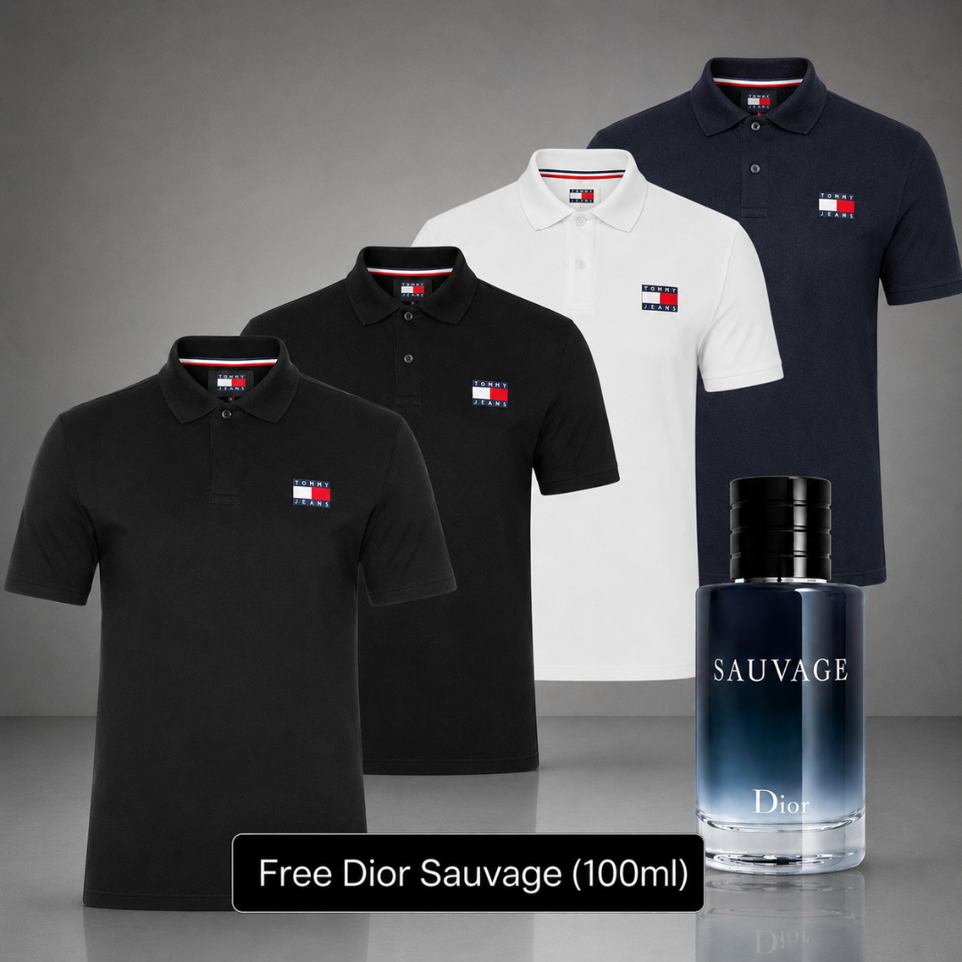 Set of 4 Tommy Hilfiger Polo Shirts – Get a Free Sauvage Dior (100 ml)