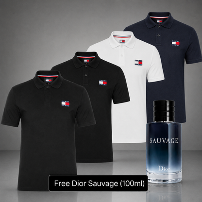 Set of 4 Tommy Hilfiger Polo Shirts – Get a Free Sauvage Dior (100 ml)