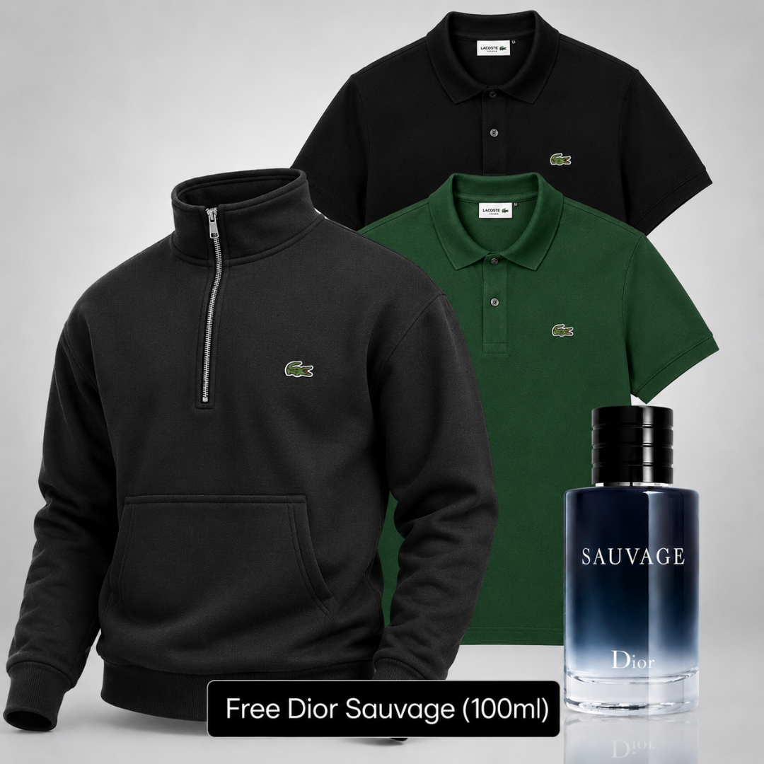 Lacoste Set – 1 Sweater & 2 Polo Shirts – Get a Free Sauvage Dior (100 ml)