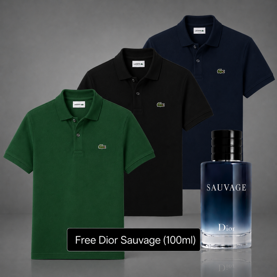 Set of 3 Lacoste Polo Shirts – Get a Free Sauvage Dior (100 ml)