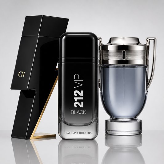 Combo of 3 men’s perfumes – Bad Boy by Carolina Herrera, 212 VIP Black by Carolina Herrera, and Invictus by Paco Rabanne