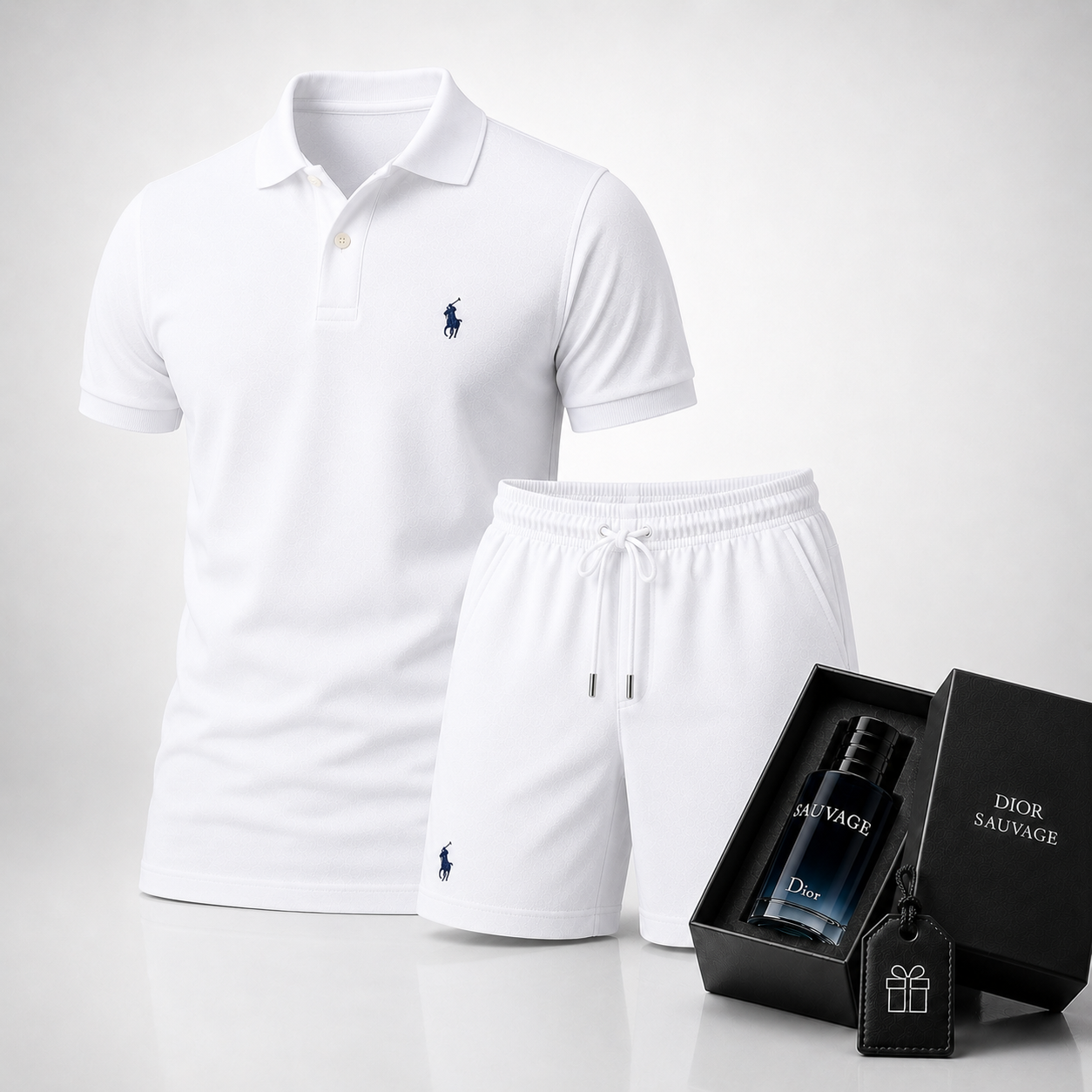 Ralph Lauren Set: Polo Shirt + Pima Cotton Shorts – Includes a Free Dior Sauvage (100 ml)