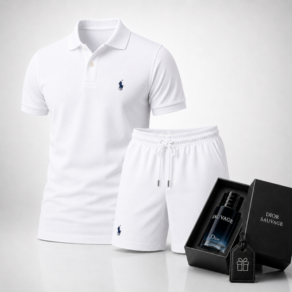 Ralph Lauren Set: Polo Shirt + Pima Cotton Shorts – Includes a Free Dior Sauvage (100 ml)