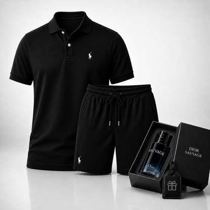 Ralph Lauren Set: Polo Shirt + Pima Cotton Shorts – Includes a Free Dior Sauvage (100 ml)
