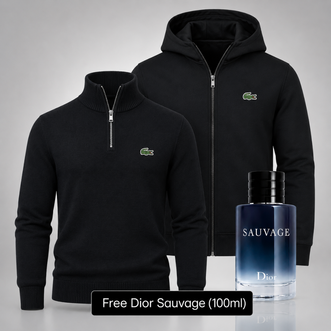LACOSTE Set: Half-Zip Sweater + Winter Jacket – Get a Free Sauvage Dior (100 ml)