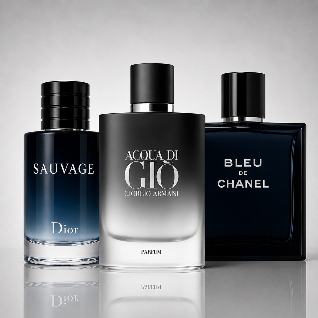 Combo of 3 men’s perfumes – Dior Sauvage, Bleu de Chanel and Acqua di Giò Armani