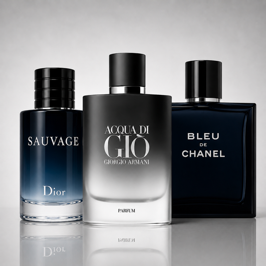Combo of 3 men’s perfumes – Dior Sauvage, Bleu de Chanel and Acqua di Giò Armani