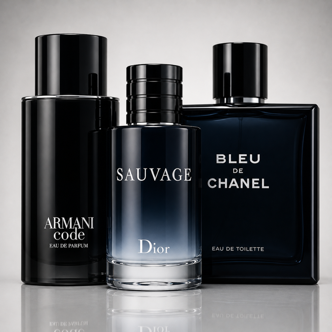 Combo of 3 men’s perfumes – Christian Dior Sauvage Parfum, Bleu de Chanel, Armani Code