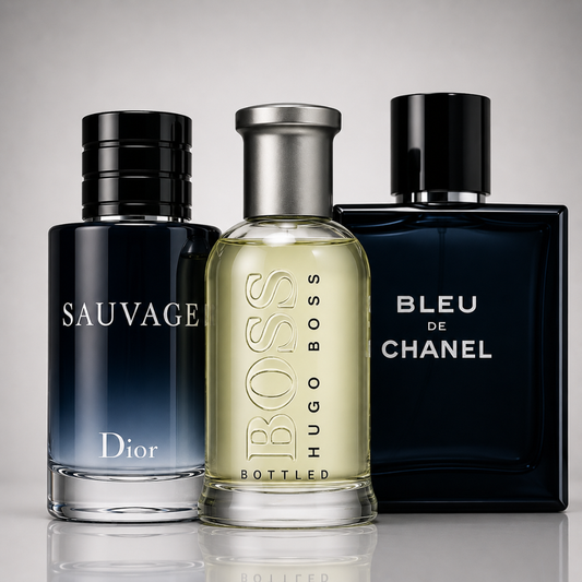 Combo of 3 Men's Perfumes – Dior Sauvage, Bleu de Chanel, and Hugo Boss Bottled