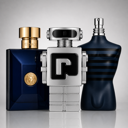 Combo of 3 men’s perfumes – Dylan Blue by Versace, Phantom by Paco Rabanne, and Ultra Male by Jean Paul Gaultier