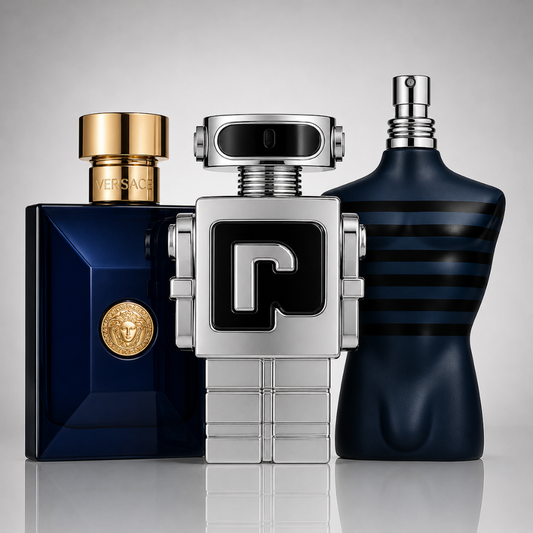 Combo of 3 men’s perfumes – Dylan Blue by Versace, Phantom by Paco Rabanne, and Ultra Male by Jean Paul Gaultier