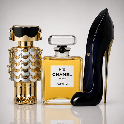 Combo of 3 Women's Perfumes – Good Girl by Carolina Herrera, No. 5 by Chanel, and Fame by Paco Rabanne
