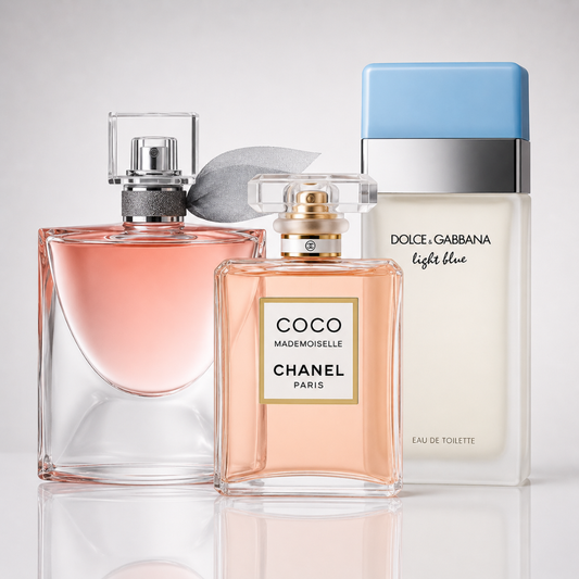 Combo of 3 women’s perfumes – La Vie Est Belle by Lancôme, Mademoiselle by Chanel, and Light Blue by Dolce & Gabbana