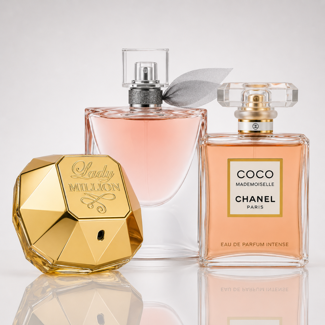 Combo of 3 women’s perfumes – Lady Million by Paco Rabanne, Lancôme La Vie Est Belle, and Chanel Coco Mademoiselle
