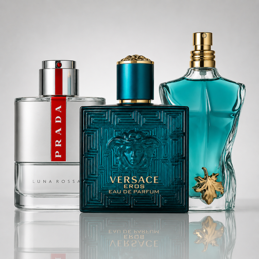 Combo of 3 men’s perfumes – Prada Luna Rossa, Versace Eros, Le Beau