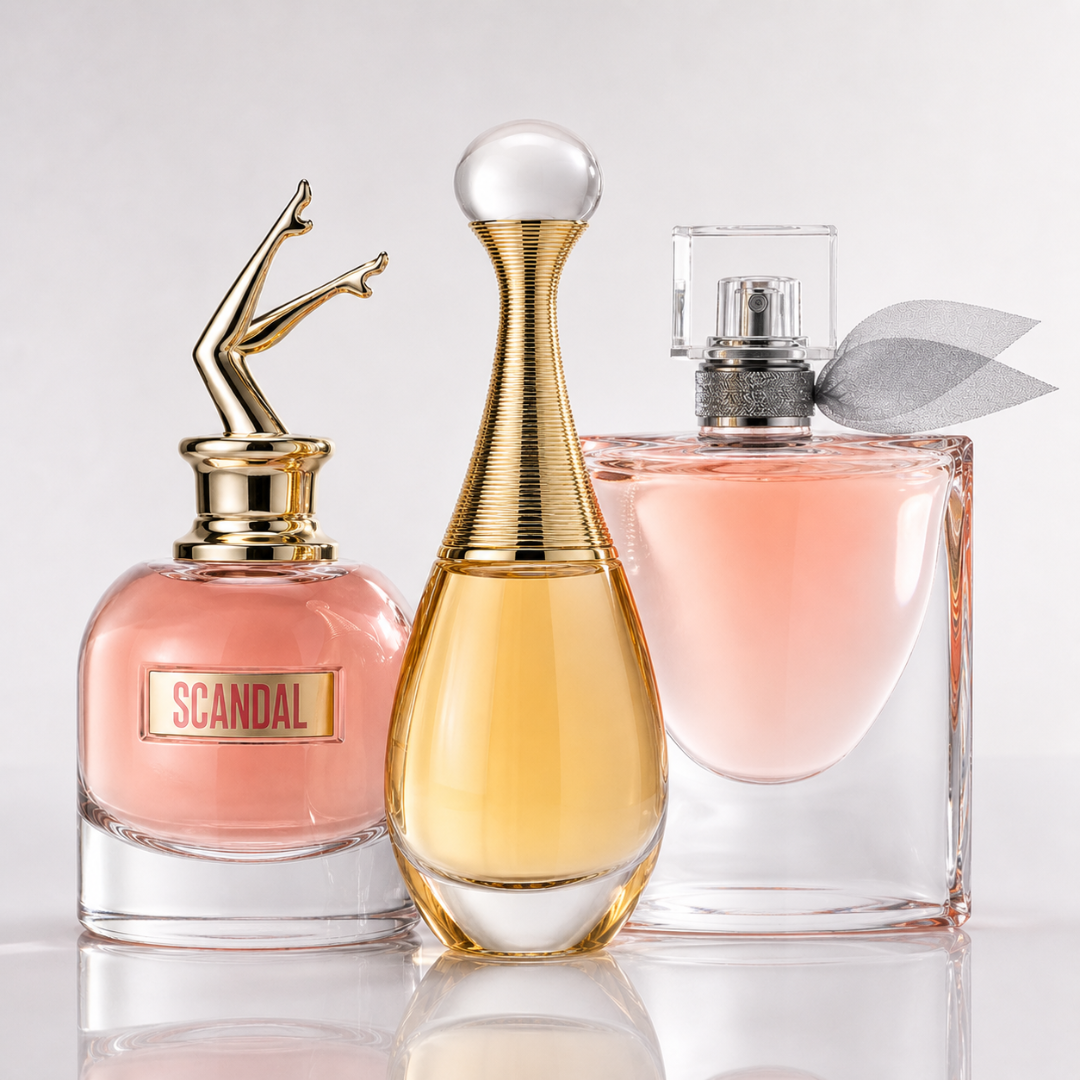 Combo of 3 women’s perfumes – Scandal by Jean Paul Gaultier, J’adore by Dior, and La Vie Est Belle by Lancôme