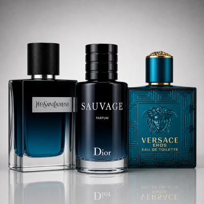 Combo of 3 men’s perfumes – Y by Yves Saint Laurent, Sauvage by Dior, and Versace Eros