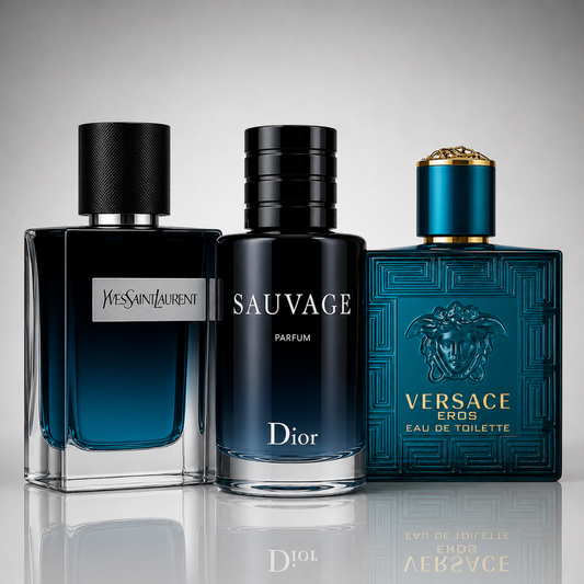 Combo of 3 men’s perfumes – Y by Yves Saint Laurent, Sauvage by Dior, and Versace Eros