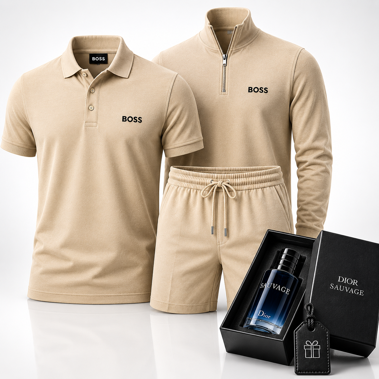 Hugo Boss Premium Set – Polo Shirt, Shorts & Sweater – Includes a Free Dior Sauvage (100 ml)