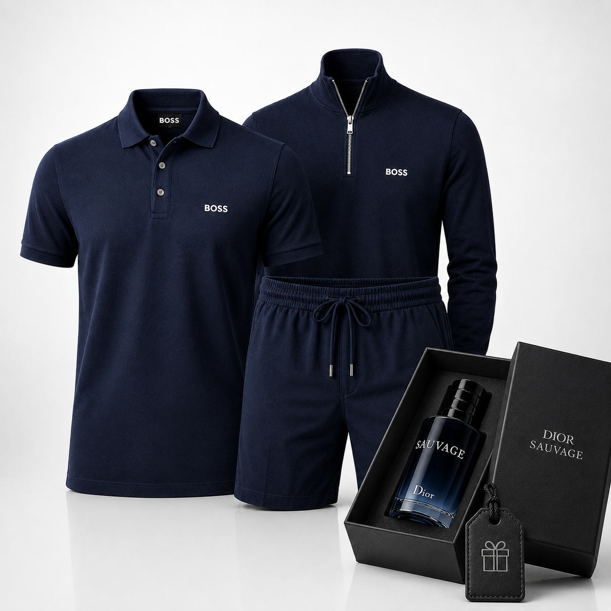 Hugo Boss Premium Set – Polo Shirt, Shorts & Sweater – Includes a Free Dior Sauvage (100 ml)