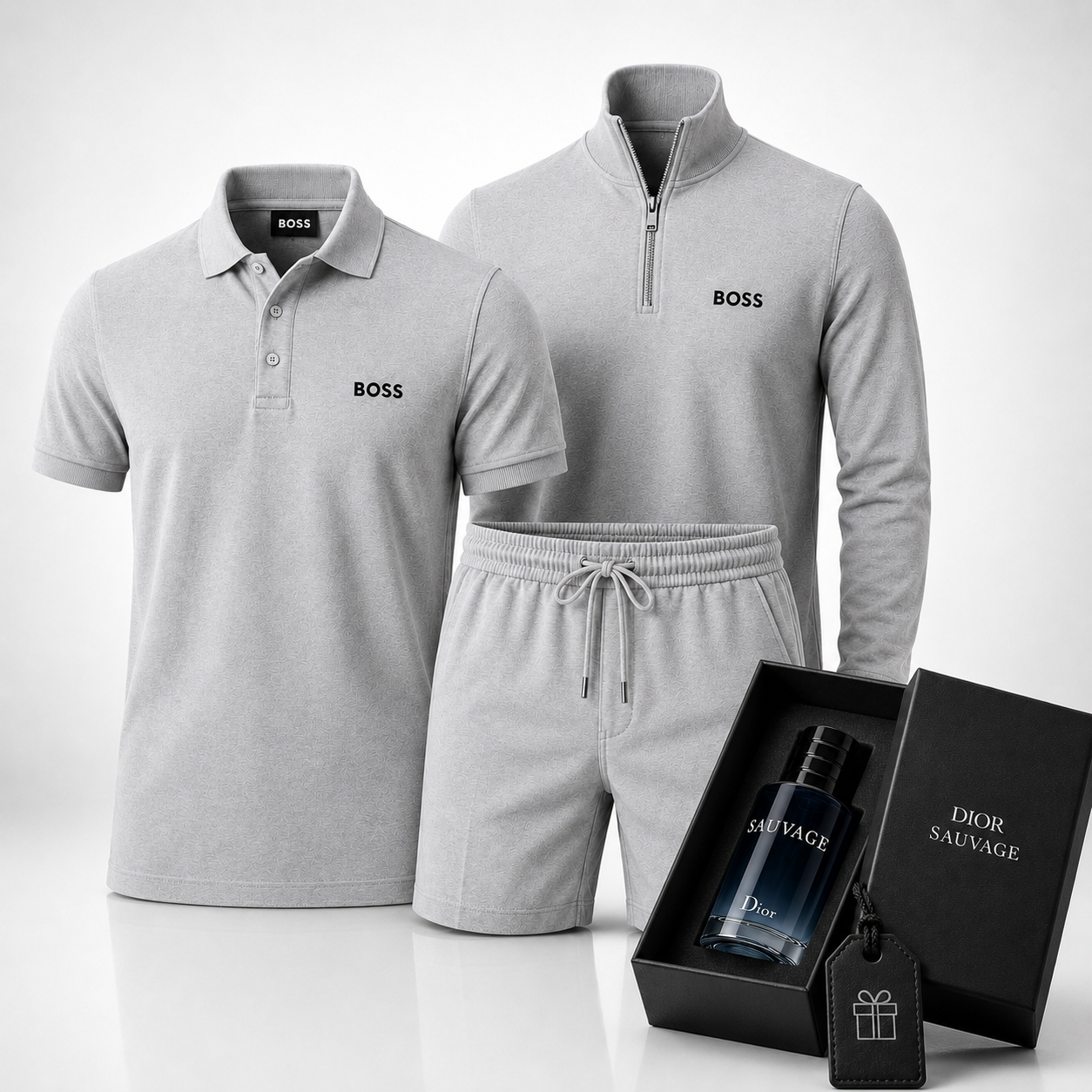 Hugo Boss Premium Set – Polo Shirt, Shorts & Sweater – Includes a Free Dior Sauvage (100 ml)