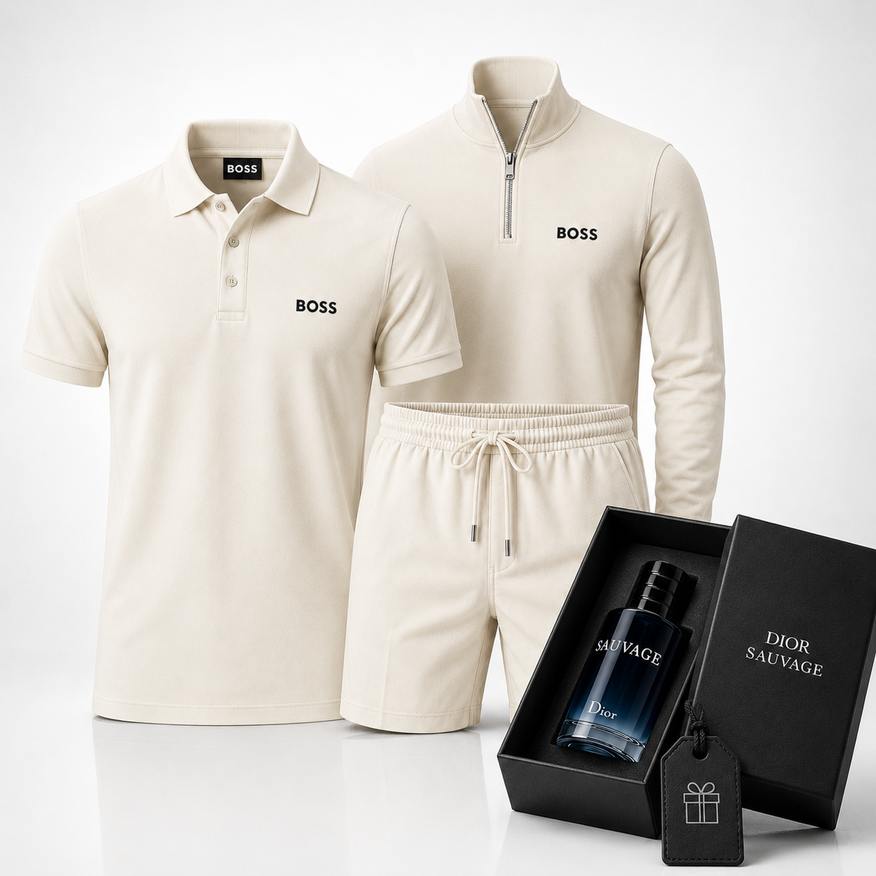 Hugo Boss Premium Set – Polo Shirt, Shorts & Sweater – Includes a Free Dior Sauvage (100 ml)